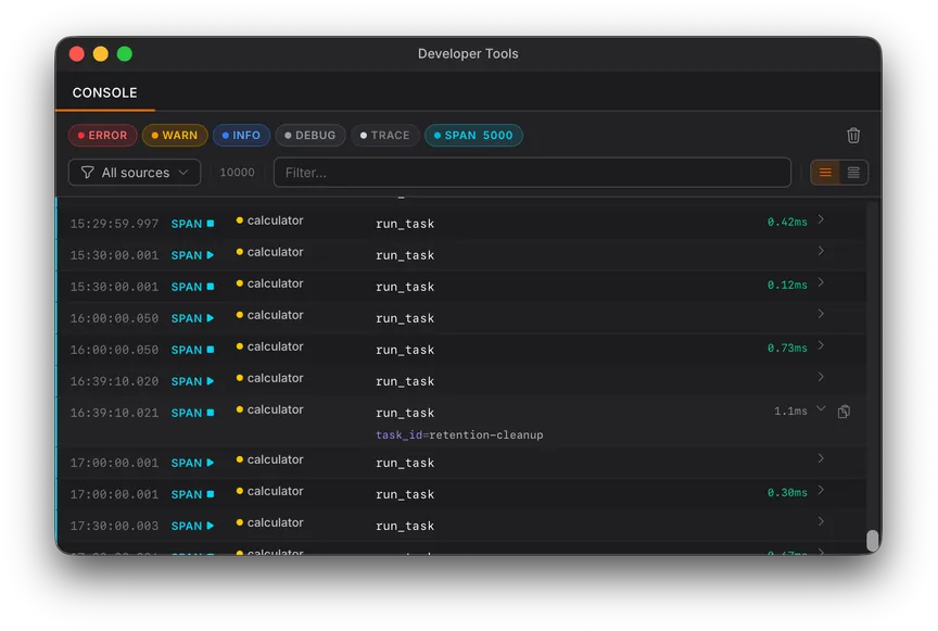 Devtools console showing span entries from the calculator gadget with timing badges and expanded metadata