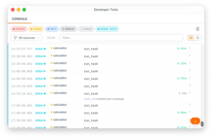 Devtools console showing span entries from the calculator gadget with timing badges and expanded metadata