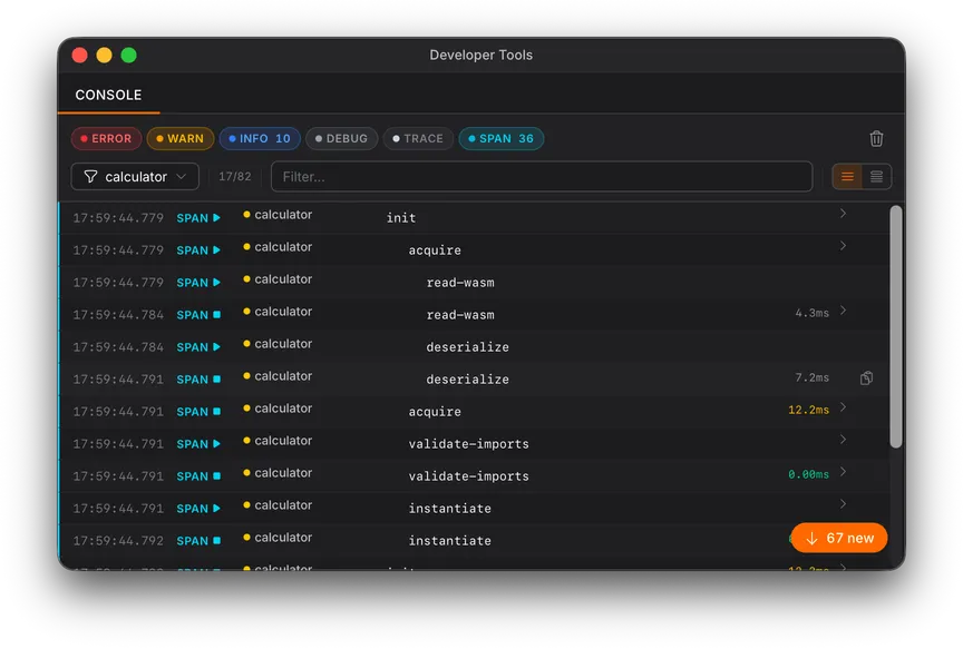 Devtools console in flat view showing the calculator gadget's initialization spans in chronological order