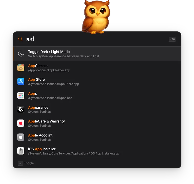 Searching for 'appl' showing applications and system settings