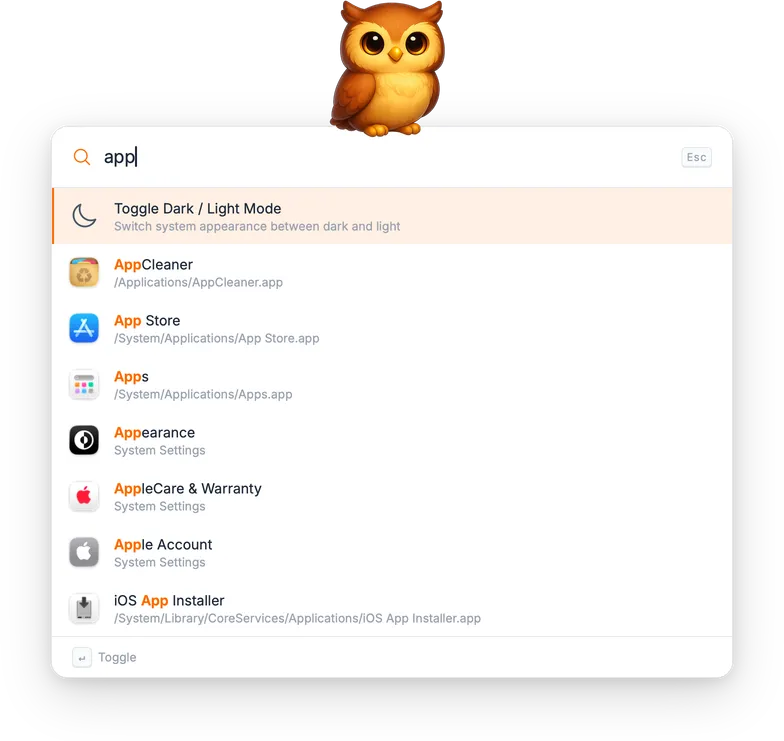 Searching for 'appl' showing applications and system settings