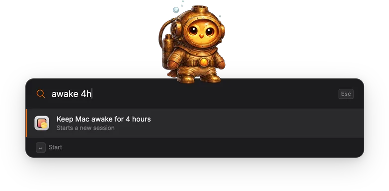 Typing 'awake 4h' showing the result 'Keep Mac awake for 4 hours'