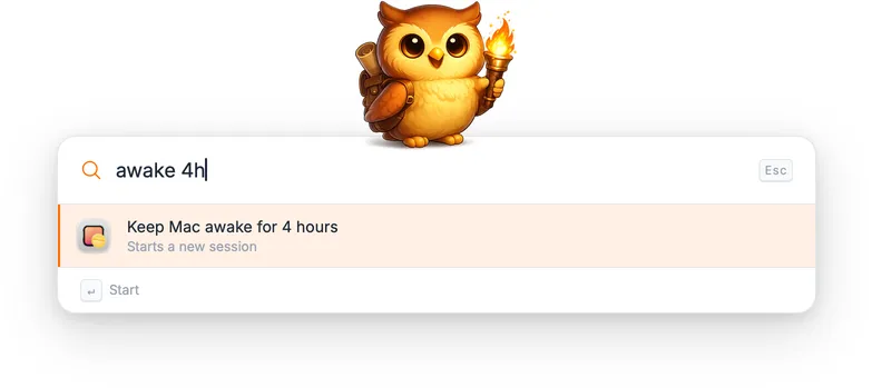 Typing 'awake 4h' showing the result 'Keep Mac awake for 4 hours'