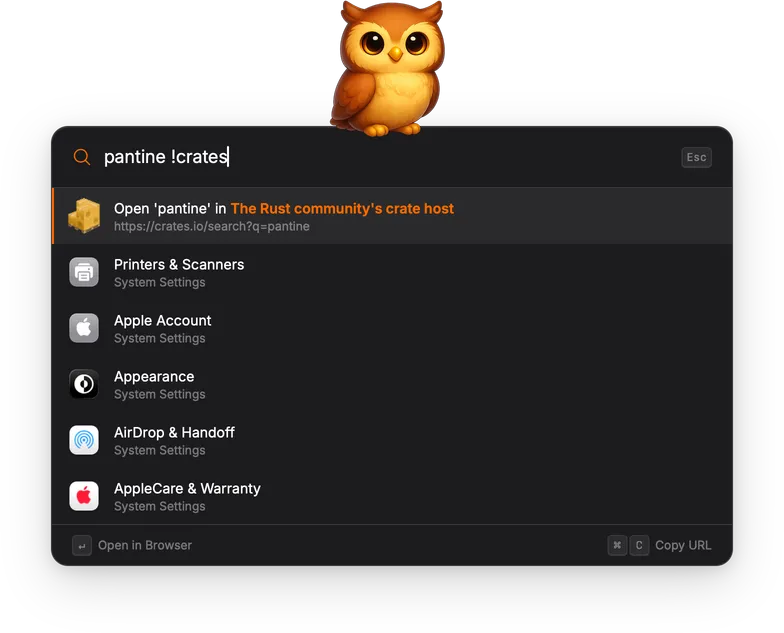 Searching 'pantine !crates' to open a search on crates.io