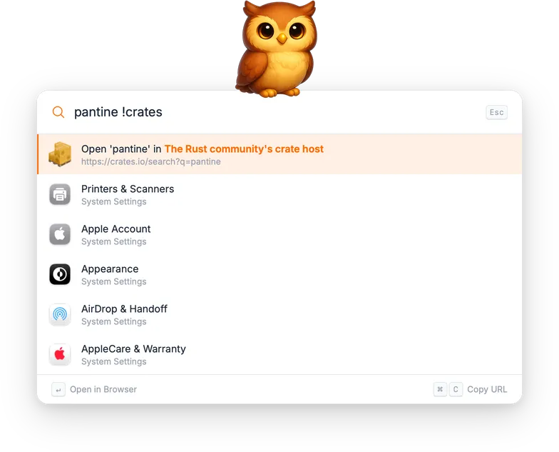 Searching 'pantine !crates' to open a search on crates.io
