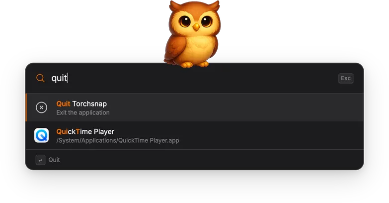 Searching for 'quit' showing the Quit Torchsnap command