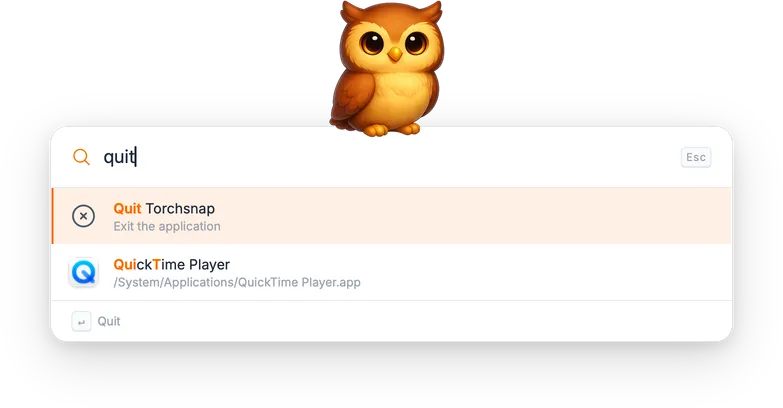 Searching for 'quit' showing the Quit Torchsnap command
