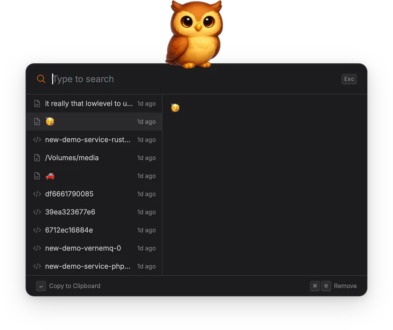 Clipboard Manager showing recent clipboard entries with a preview pane