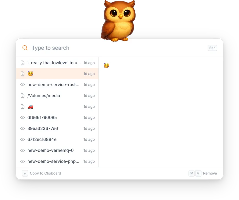 Clipboard Manager showing recent clipboard entries with a preview pane