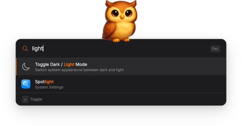 Searching for 'light' showing the Toggle Dark / Light Mode command