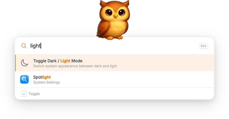 Searching for 'light' showing the Toggle Dark / Light Mode command