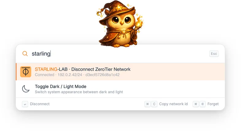 Typing 'starling' showing the connected STARLING-LAB network with its address and network ID