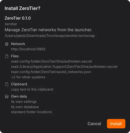 Review for installing ZeroTier 0.1.0, listing its Network, Files, Clipboard and Own data permissions