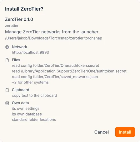 Review for installing ZeroTier 0.1.0, listing its Network, Files, Clipboard and Own data permissions