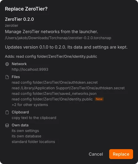 Review for replacing ZeroTier 0.1.0 with 0.2.0, with an added file permission marked New