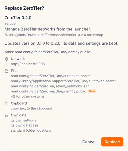 Review for replacing ZeroTier 0.1.0 with 0.2.0, with an added file permission marked New