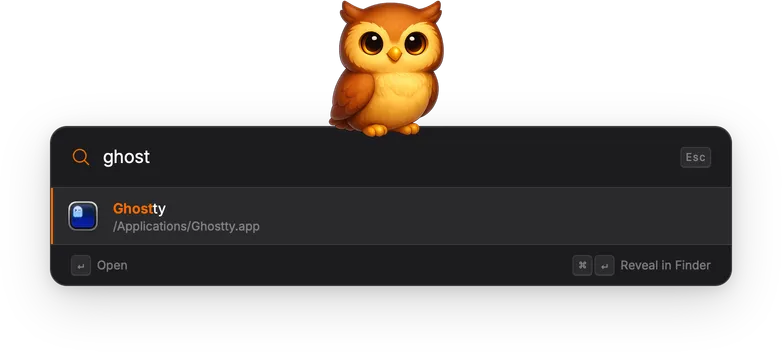 Searching for 'ghost' showing the Ghostty application as a result