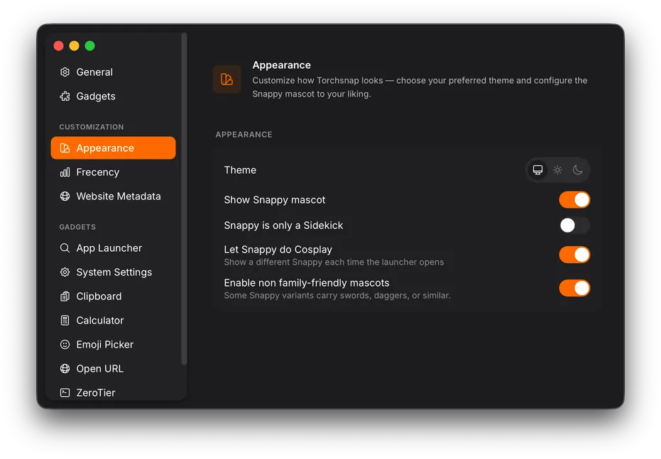 Settings window showing the Appearance section