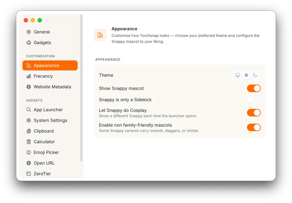 Settings window showing the Appearance section
