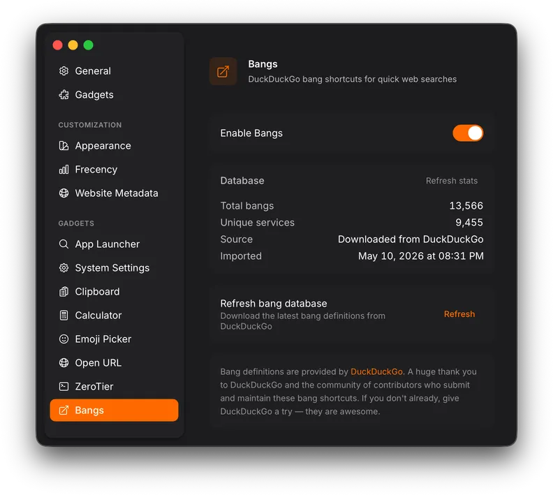 Bangs settings panel showing database statistics and refresh option