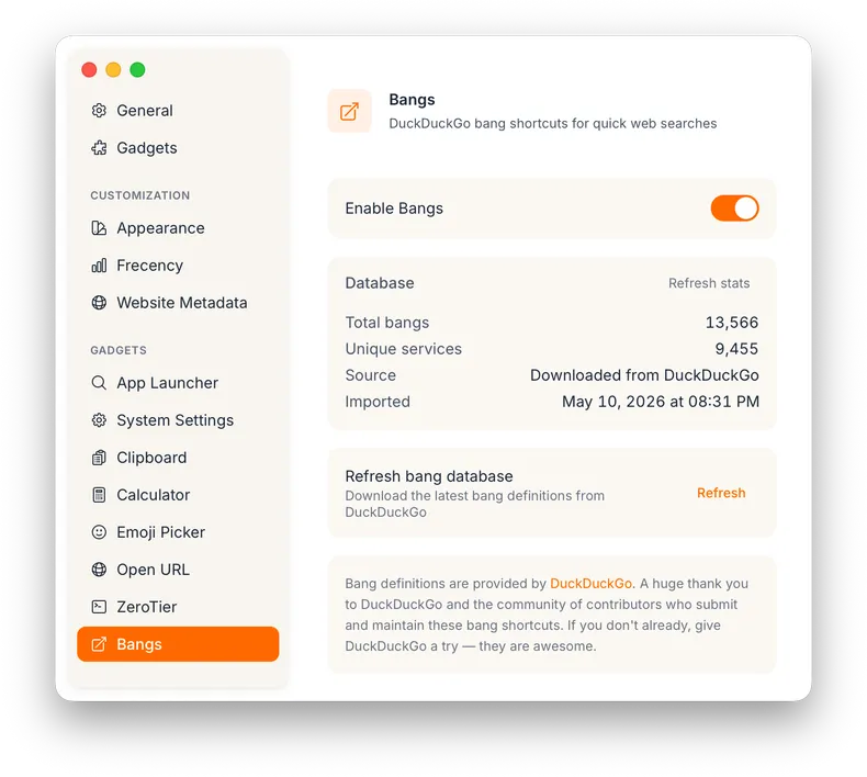 Bangs settings panel showing database statistics and refresh option