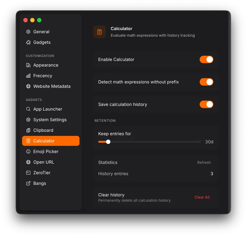Calculator settings panel showing detection, history, and retention options