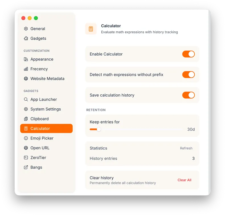 Calculator settings panel showing detection, history, and retention options