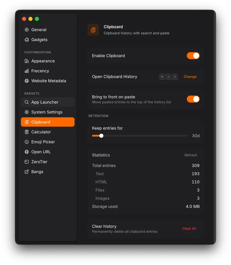 Clipboard Manager settings panel showing shortcut, retention, and statistics