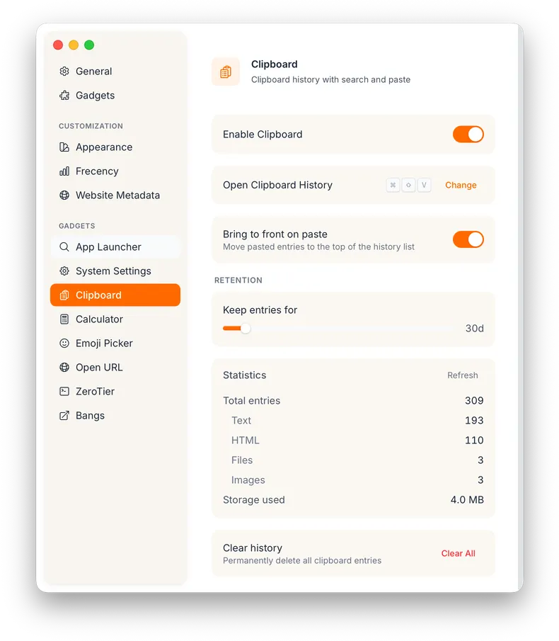 Clipboard Manager settings panel showing shortcut, retention, and statistics