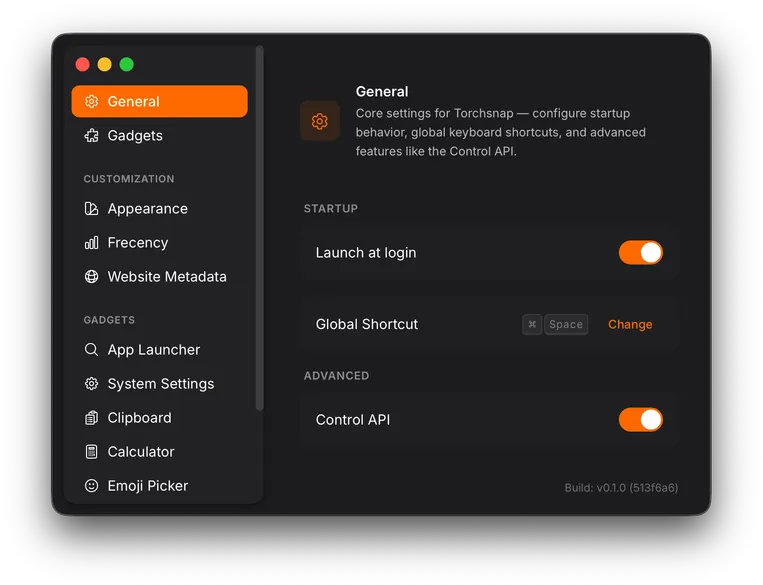 General settings showing the Control API toggle under the Advanced section