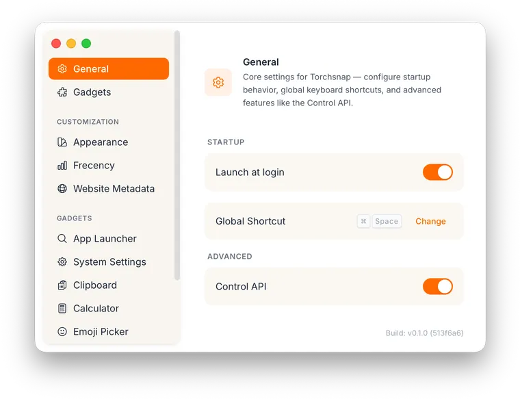 General settings showing the Control API toggle under the Advanced section