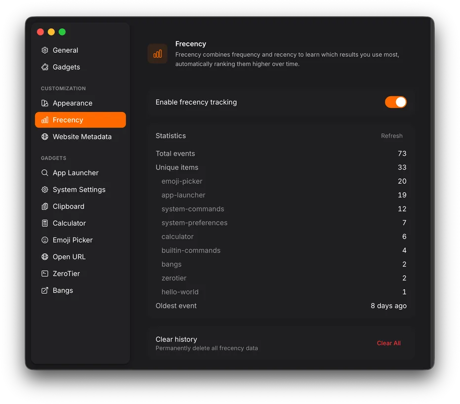 Settings window showing the Frecency section