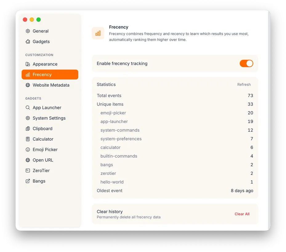 Settings window showing the Frecency section