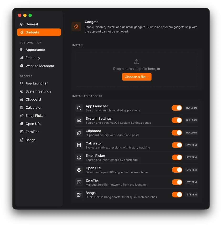 Settings window showing the Gadgets section