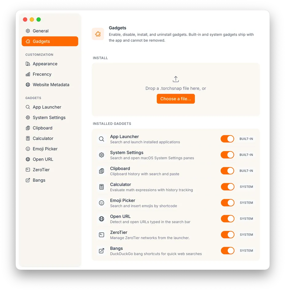 Settings window showing the Gadgets section