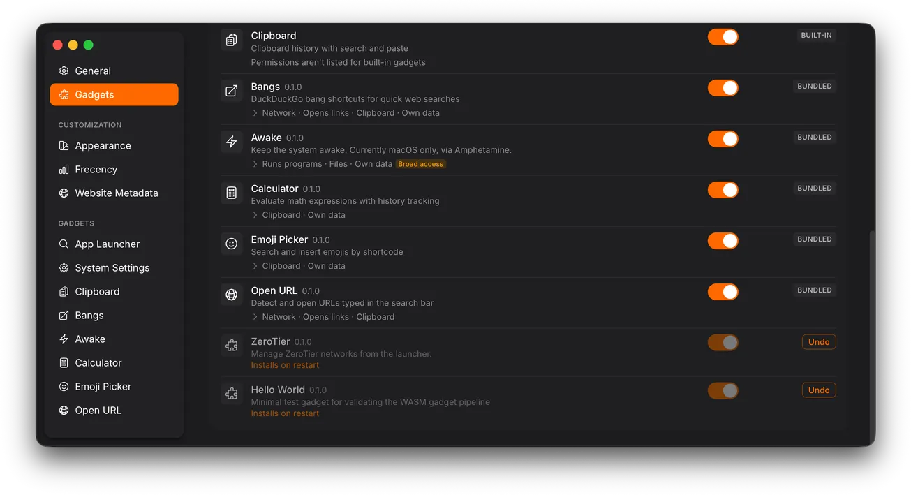 Gadgets list with ZeroTier and Hello World dimmed, each marked Installs on restart and showing an Undo button