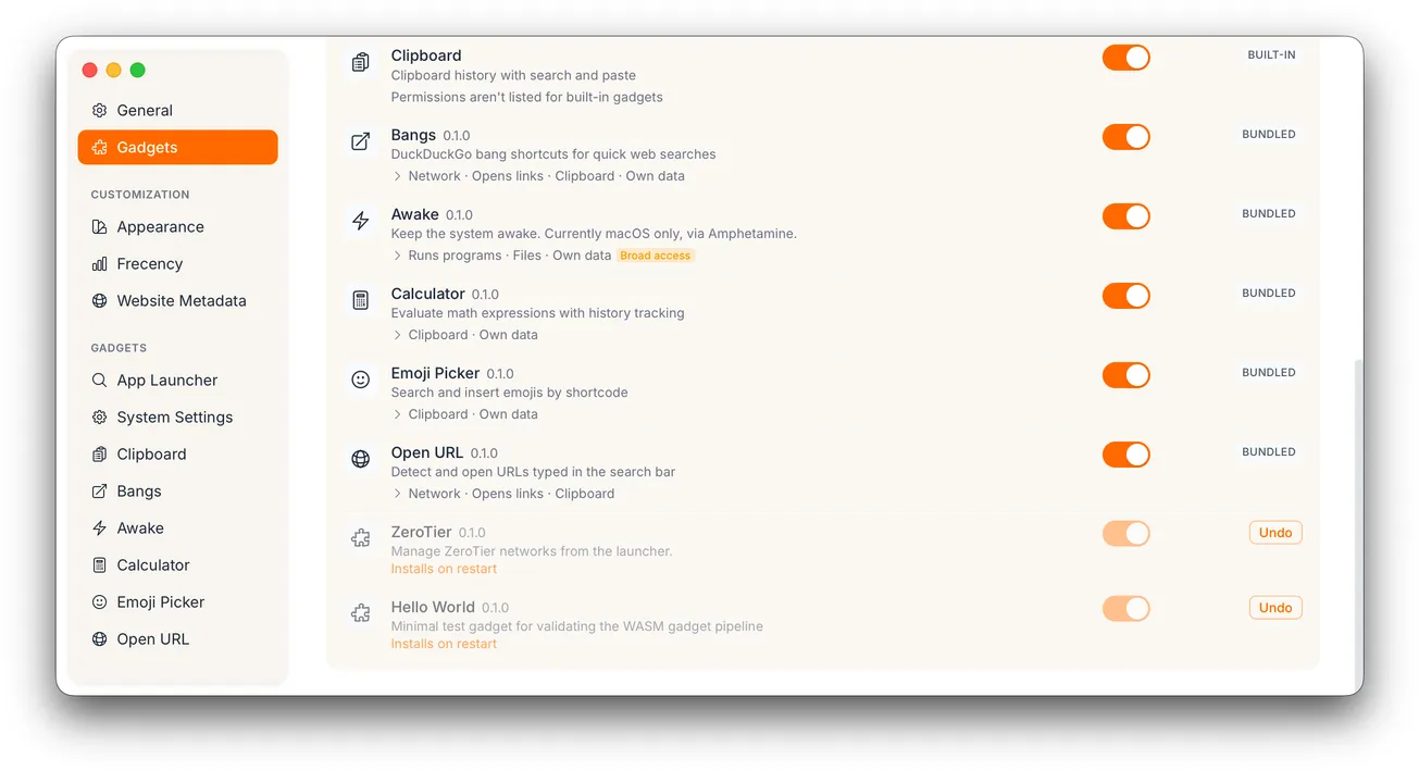 Gadgets list with ZeroTier and Hello World dimmed, each marked Installs on restart and showing an Undo button