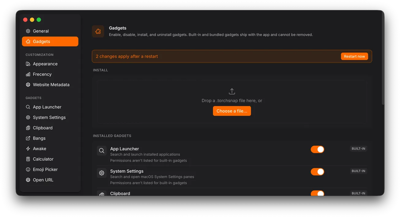 Gadgets section with a bar saying 2 changes apply after a restart and a Restart now button