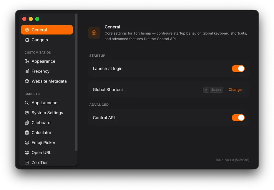 Settings window showing the General section